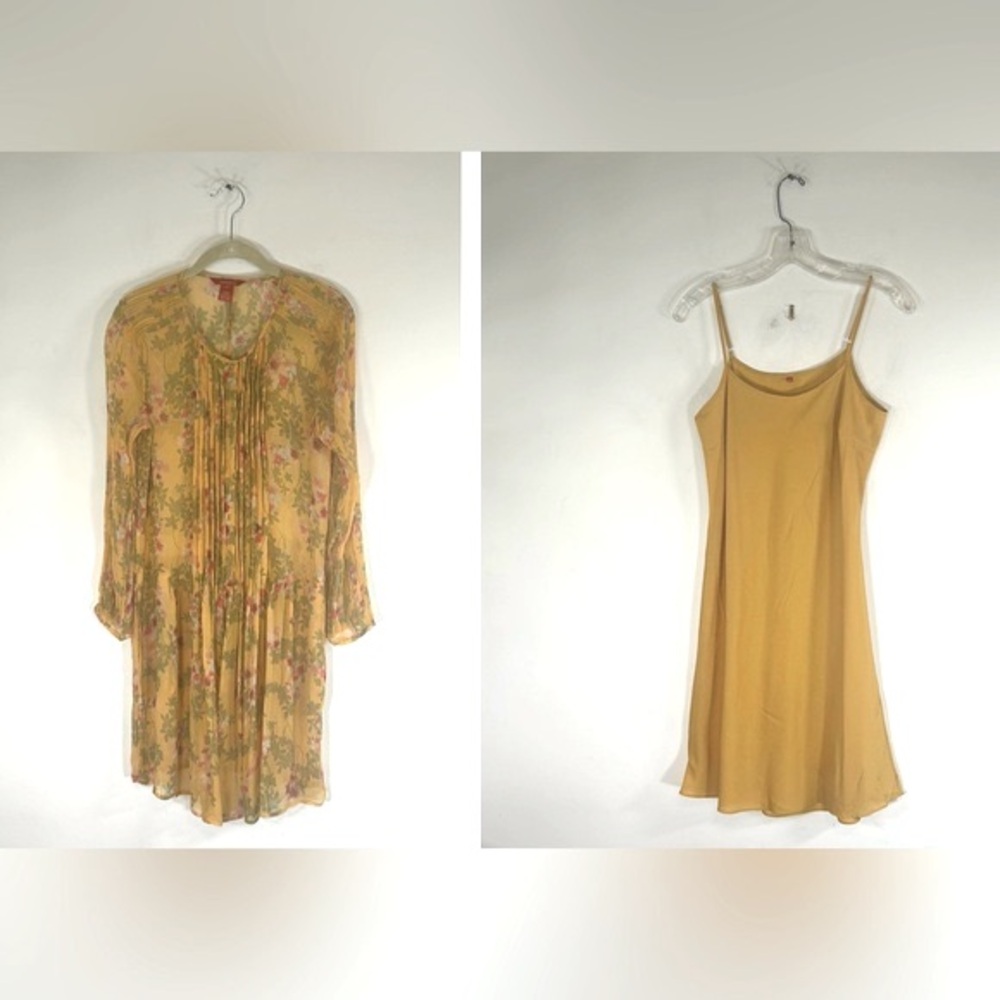 Sundance 100% Silk 2 Piece Sheer Floral Womens Size S Flowy Yellow Pintuck Dress